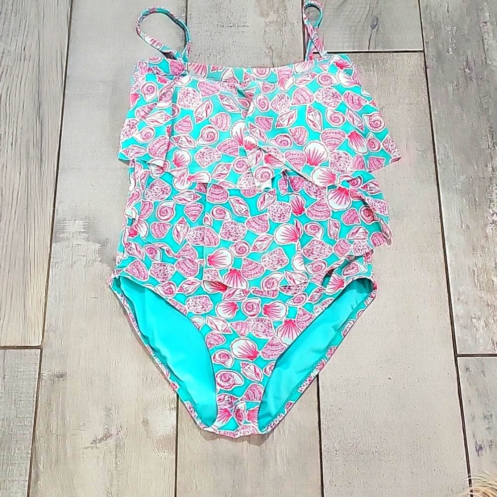 Caribbean Joe Turquoise Pink Shell Print One-Piece Swimsuit